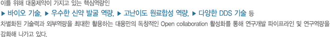 이를 위해 대웅제약이 가지고 있는 핵심역량인 바이오 기술. 우수한 신약 발굴 역량, 고난이도 원료합성 역량, 다양한 DDS 기술 등 차별화된 기술력과 외부 역량을 최대한 활용하는 대웅만의 독창적인 C&D(Connect & Development) 활성화를 통해 연구개발 파이프라인 및 연구역량을 강화해 나가고 있다. 